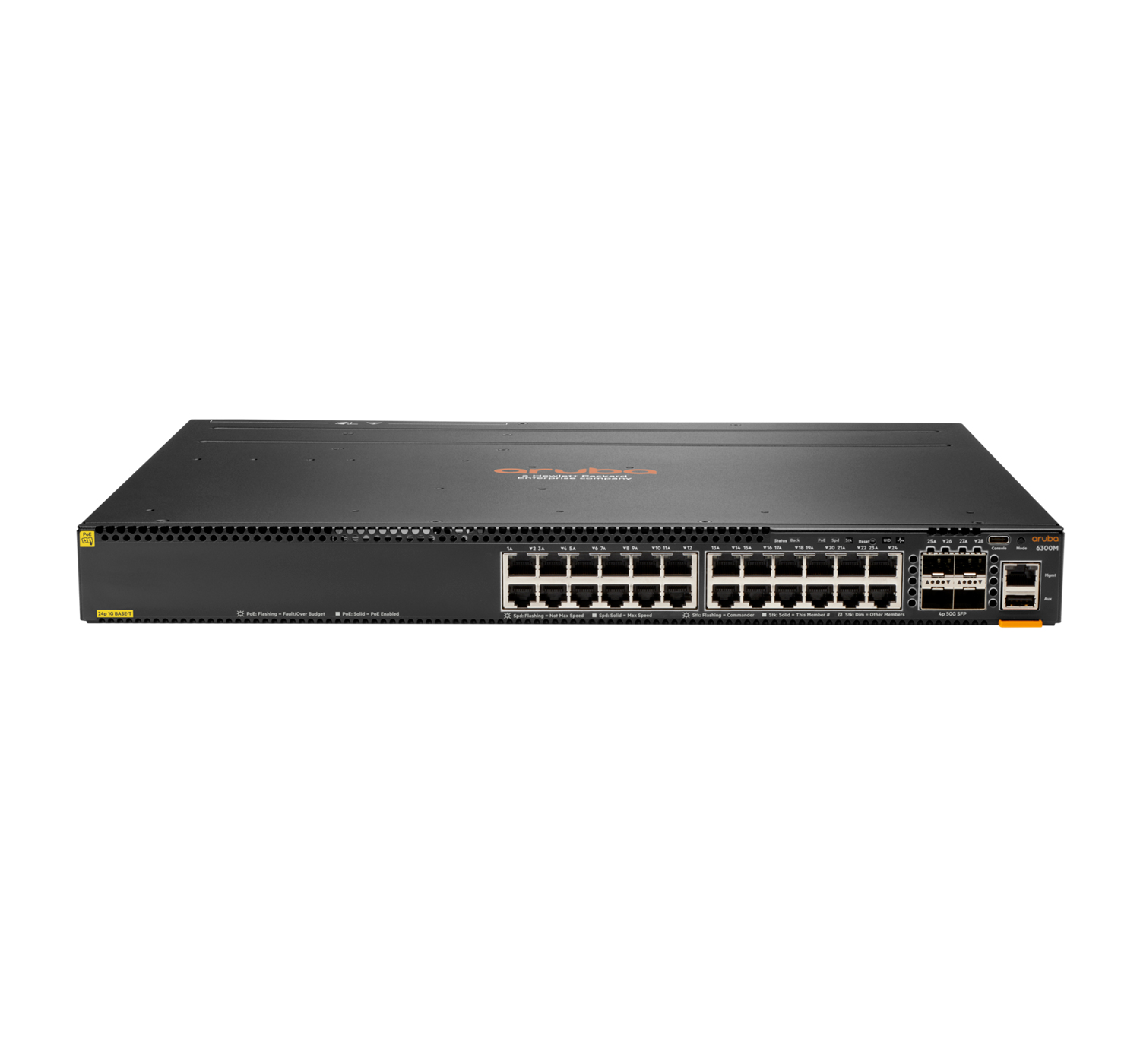 Bild von HPE 6300M 24-port 1GbE Class 4 PoE & 4-port SFP56 - Managed - L3 - Gigabit Ethernet (10/100/1000) - Power over Ethernet (PoE) - Rack-Einbau - 1U